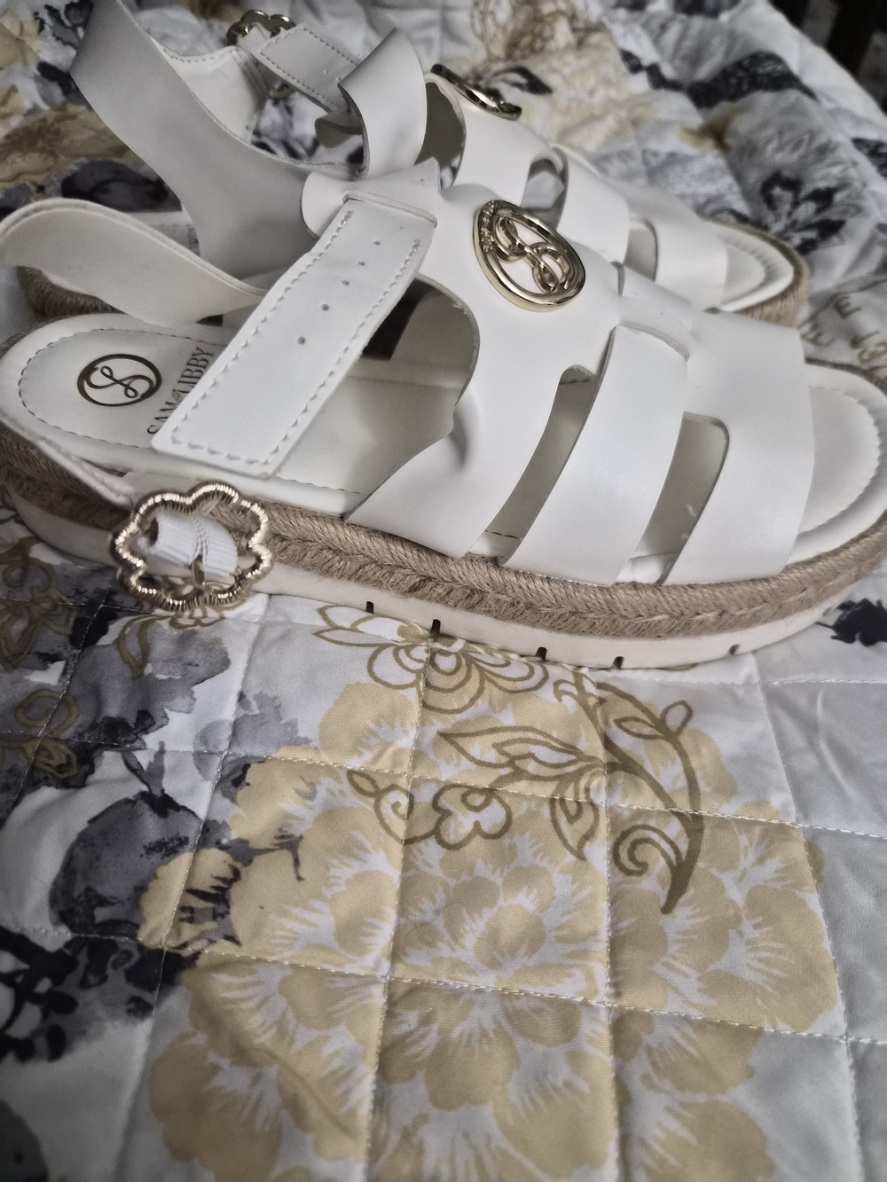 White Women's Platform Sandals with Gold Accents